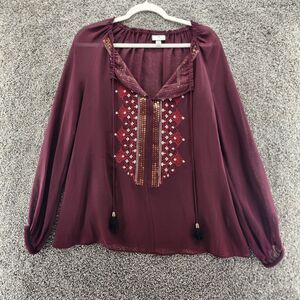 Altuzarra small petite burgundy long sleeve embroirdered sheer blouse